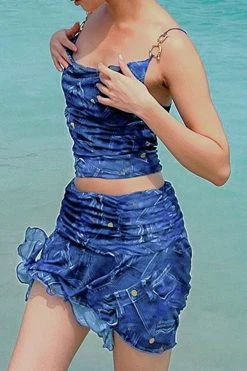 Denim Print Metal Decor Punk Irregular Skirt Suit -Clothing-PrettyTina H23060284 BL 4