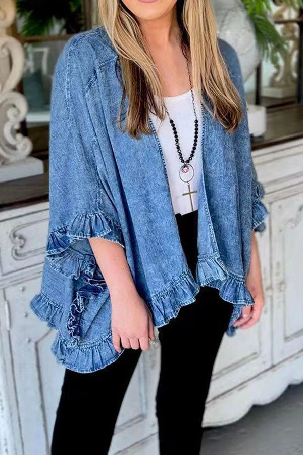 Solid Color Elegant Ruffle Denim Coat 1 Solid Color Elegant Ruffle Denim Coat