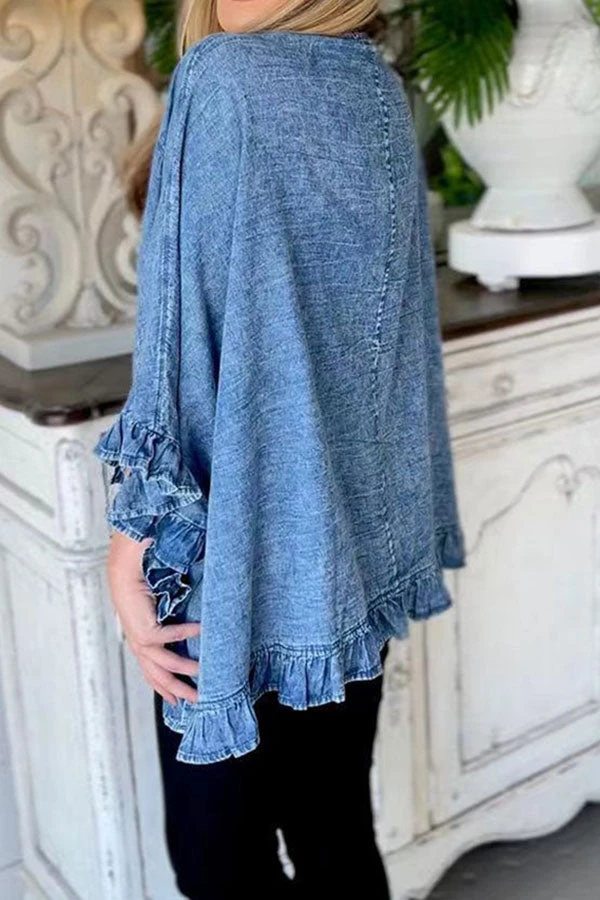 Solid Color Elegant Ruffle Denim Coat 2 Solid Color Elegant Ruffle Denim Coat - Image 2