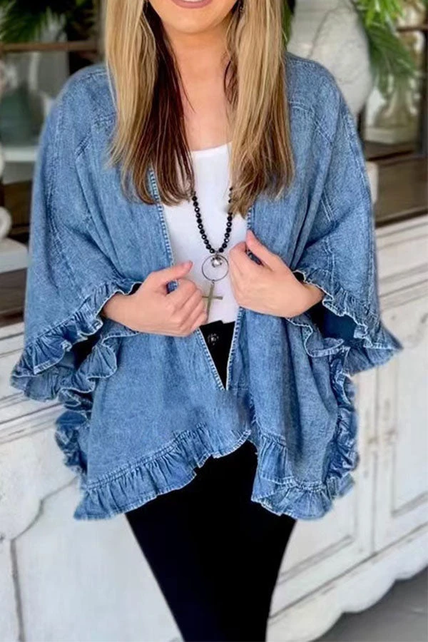Solid Color Elegant Ruffle Denim Coat 3 Solid Color Elegant Ruffle Denim Coat - Image 3