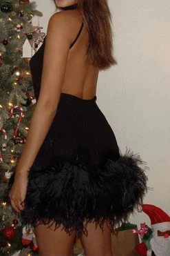 Solid Color Festive Backless Feather Hem Mini Dress -Clothing-PrettyTina H23061501 BK 1