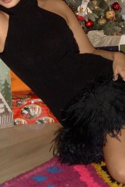 Solid Color Festive Backless Feather Hem Mini Dress -Clothing-PrettyTina H23061501 BK 3