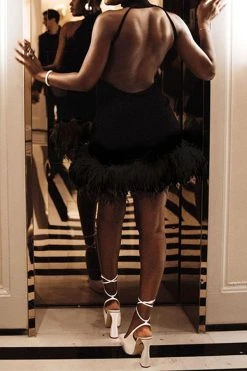 Solid Color Festive Backless Feather Hem Mini Dress -Clothing-PrettyTina H23061501 BK 4