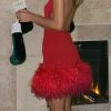 Solid Color Festive Backless Feather Hem Mini Dress