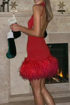Solid Color Festive Backless Feather Hem Mini Dress