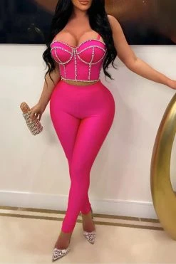 Rhinestone Patchwork Party Bodycon Pant Suit