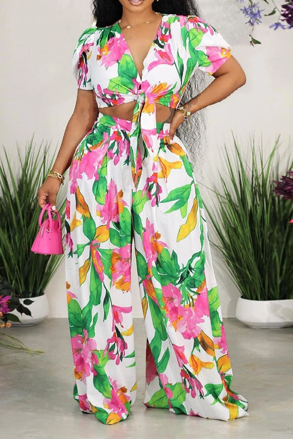 Floral Print Tropical Lace-Up Wide Leg Pant Suit 1 Floral Print Tropical Lace-Up Wide Leg Pant Suit