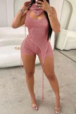 Sequined Trim Shimmery Irregular Knitted Pant Suit