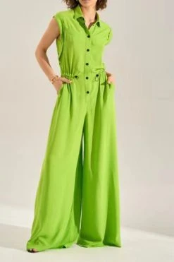 Solid Color Commuting Drawstring Wide Leg Jumpsuit -Clothing-PrettyTina H23061559 GR 1