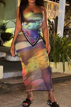 Abstract Print Kitsch Lace-Up See-Through Skirt Suit