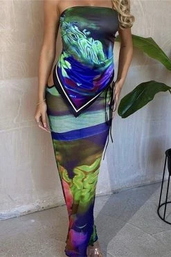 Abstract Print Kitsch Lace-Up See-Through Skirt Suit -Clothing-PrettyTina H23062555 RT 3