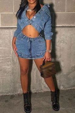 Solid Color Modern Denim Skirt Suit