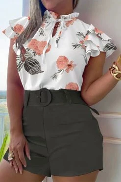 Floral Print Sweet Lace-Up Ruffle Pant Suit 9 Floral Print Sweet Lace-Up Ruffle Pant Suit -Clothing-PrettyTina H23062568 WH 1