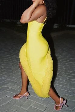 Solid Color Striking Irregular Feather Hem Midi Dress -Clothing-PrettyTina H23062686 YE 3