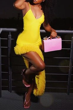 Solid Color Striking Irregular Feather Hem Midi Dress -Clothing-PrettyTina H23062686 YE 4