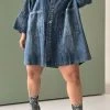 Gradient Retro Big Pocket Denim Mini Dress