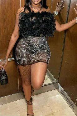 Feather & Rhinestone Design Romantic See-Through Mini Dress