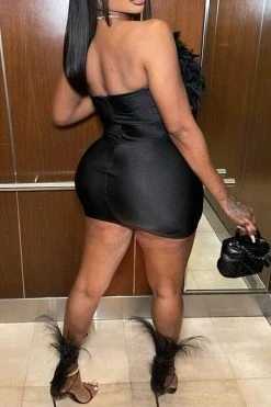 Feather & Rhinestone Design Romantic See-Through Mini Dress -Clothing-PrettyTina H23070457 BK 3