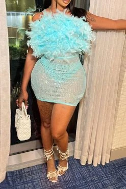 Feather & Rhinestone Design Romantic See-Through Mini Dress -Clothing-PrettyTina H23070457 BL 1