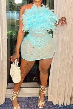 Feather & Rhinestone Design Romantic See-Through Mini Dress -Clothing-PrettyTina H23070457 BL 2