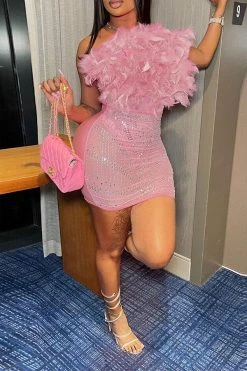 Feather & Rhinestone Design Romantic See-Through Mini Dress -Clothing-PrettyTina H23070457 PI 1