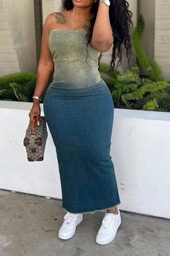 Gradient Denim Classic Bandeau Midi Dress -Clothing-PrettyTina H23070713 BL 3