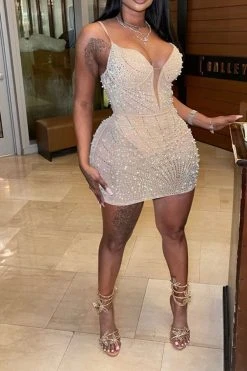 Beaded & Rhinestone Decor Glittery See-Through Mini Dress -Clothing-PrettyTina H23070755 AP 1