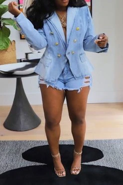 Gradient Denim Pretty Peak Lapel Blazer -Clothing-PrettyTina H23070776 BL 3