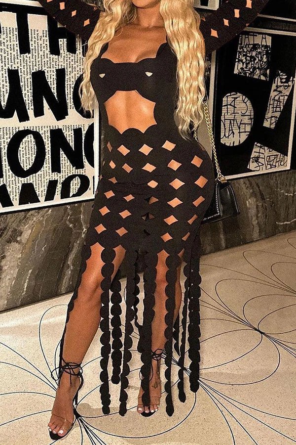 3D Round Leaves Hollow-Out Flirty Tassel Midi Dress 2 3D Round Leaves Hollow-Out Flirty Tassel Midi Dress - Image 2