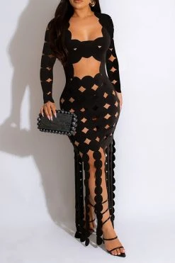 3D Round Leaves Hollow-Out Flirty Tassel Midi Dress 13 3D Round Leaves Hollow-Out Flirty Tassel Midi Dress -Clothing-PrettyTina H23071365 BK 4