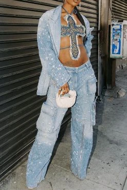 Ripped Cool Multi Pocket Gradient Tops & Jeans -Clothing-PrettyTina H23071379 BL 3