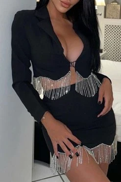 Patchwork Rhinestone Tassel Glamorous Irregular Skirt Suit