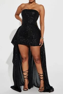 Sequined Sparkly Patchwork Trailing Maxi Dress -Clothing-PrettyTina H23072017 BK 1