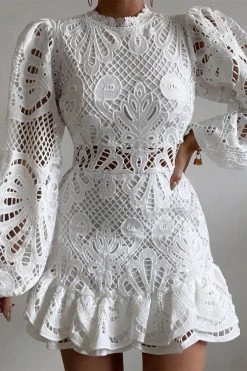 Hollow-Out Lace Girly Ruffle Mini Dress