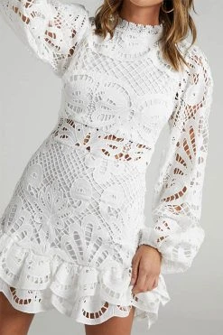 Hollow-Out Lace Girly Ruffle Mini Dress -Clothing-PrettyTina H23072043 WH 3