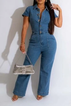 Solid Color Casual Button Thru Denim Jumpsuit