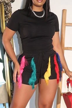 Patchwork Colorful Tassel Drawstring Pant Suit