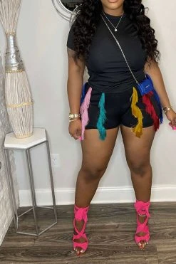 Patchwork Colorful Tassel Drawstring Pant Suit 9 Patchwork Colorful Tassel Drawstring Pant Suit -Clothing-PrettyTina H23072121 BK 3