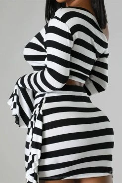 Striped Oblique Collar Hot Side Ruffle Skirt Suit -Clothing-PrettyTina H23072147 BK 3