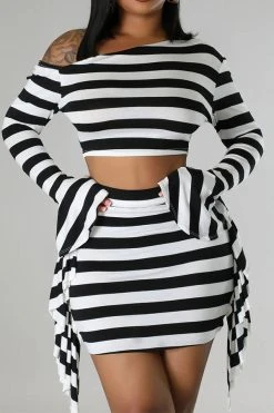 Striped Oblique Collar Hot Side Ruffle Skirt Suit -Clothing-PrettyTina H23072147 BK 4