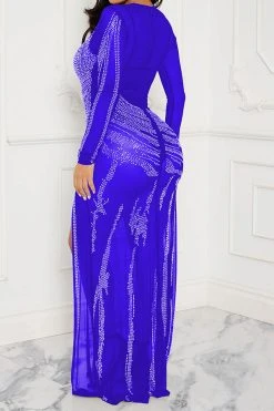 Rhinestone Flattering See-Through High Split Maxi Dress -Clothing-PrettyTina H23072159 BL 2