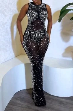 Rhinestone Striking See-Through Maxi Dress