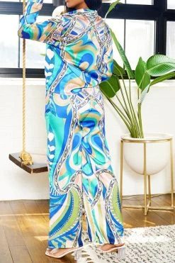 Tribal Print Patchwork Laid Back Pant Suit -Clothing-PrettyTina H23080750 BL 3