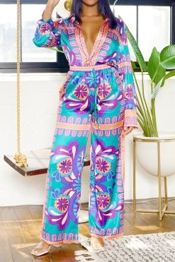 Tribal Print Patchwork Laid Back Pant Suit -Clothing-PrettyTina H23080750 PU 3