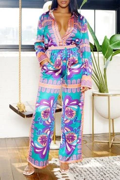 Tribal Print Patchwork Laid Back Pant Suit -Clothing-PrettyTina H23080750 PU 4