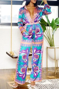 Tribal Print Patchwork Laid Back Pant Suit -Clothing-PrettyTina H23080750 PU 5