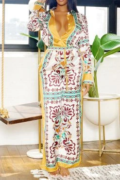 Tribal Print Patchwork Laid Back Pant Suit -Clothing-PrettyTina H23080750 YE 1
