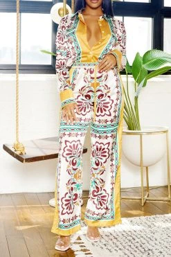 Tribal Print Patchwork Laid Back Pant Suit -Clothing-PrettyTina H23080750 YE 2