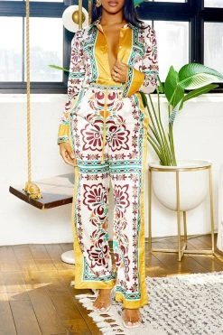 Tribal Print Patchwork Laid Back Pant Suit -Clothing-PrettyTina H23080750 YE 4