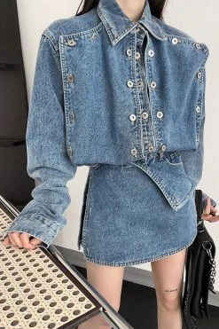Solid Color Button Design On-trend Denim Coat & Skirt -Clothing-PrettyTina H23080761 BL 3